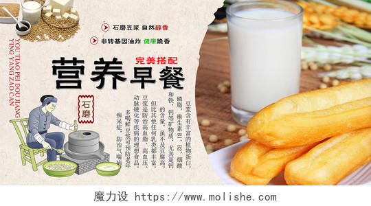 现代风石磨豆浆营养早餐美食宣传海报
